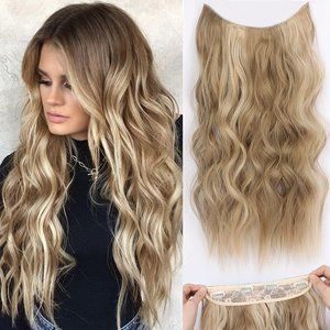 20" Long Wavy Invisible Wire Halo Hair Extensions Ash Brown Platinum Blonde 120g